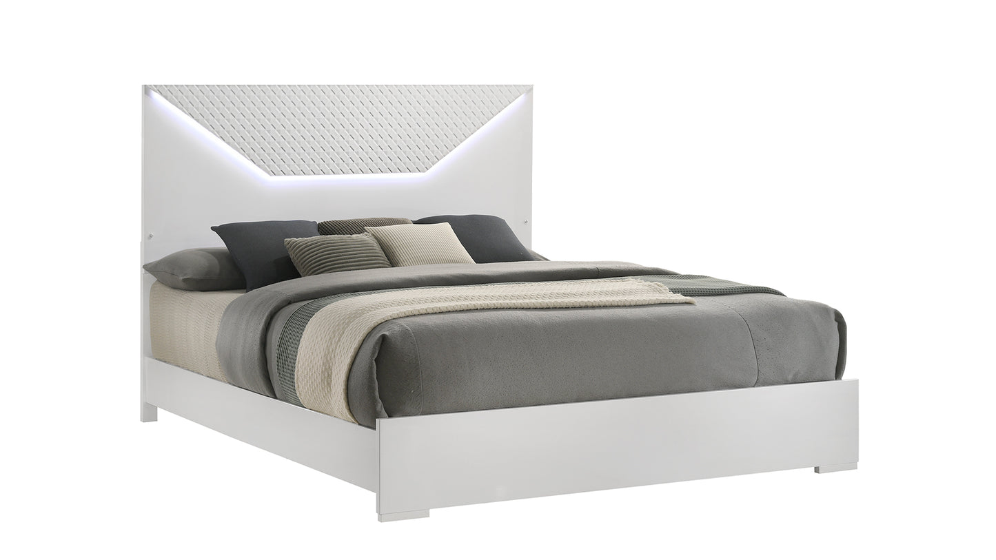 Modern white LED headboard bed with upholstered grey bedding and pillows