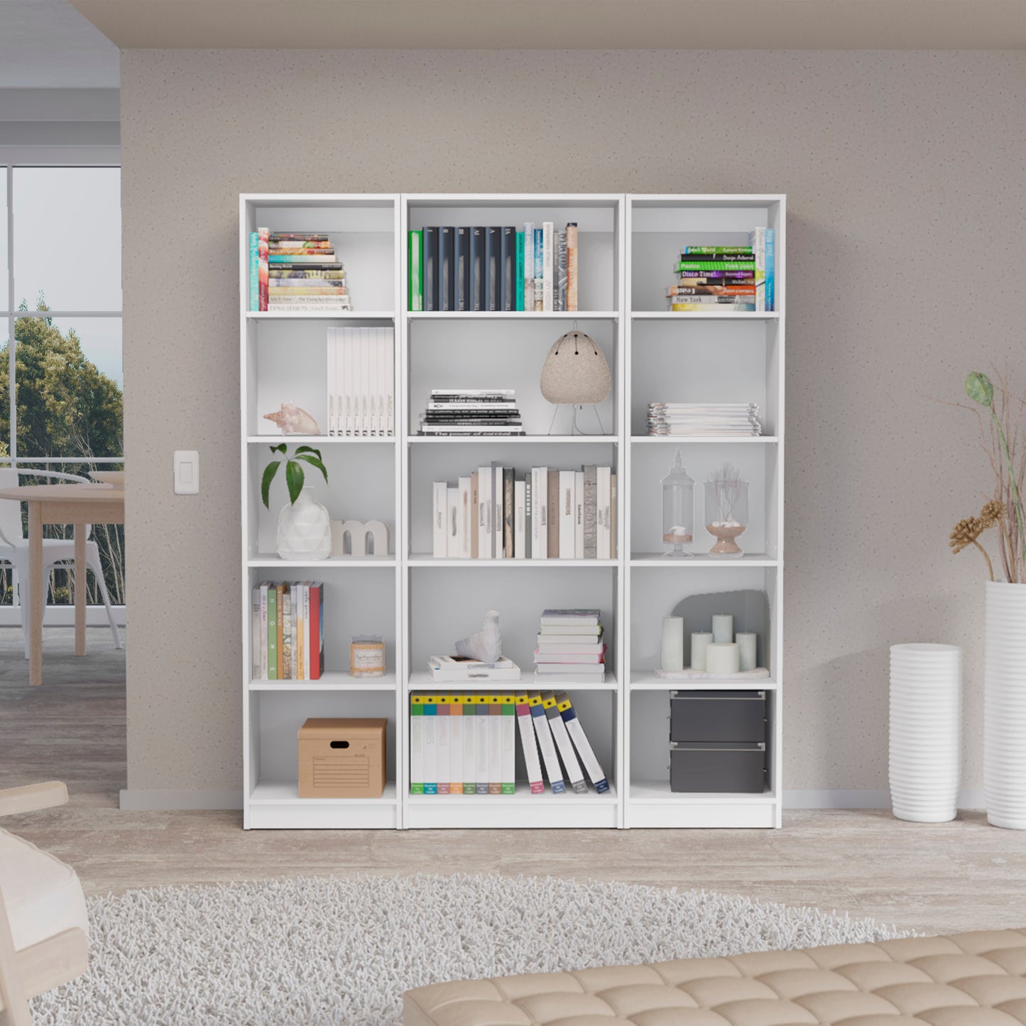 TREATLIFE HOME 3 Piece Home Bookcase Set, 60" Wide with 15 Shelves, Modern Design, White