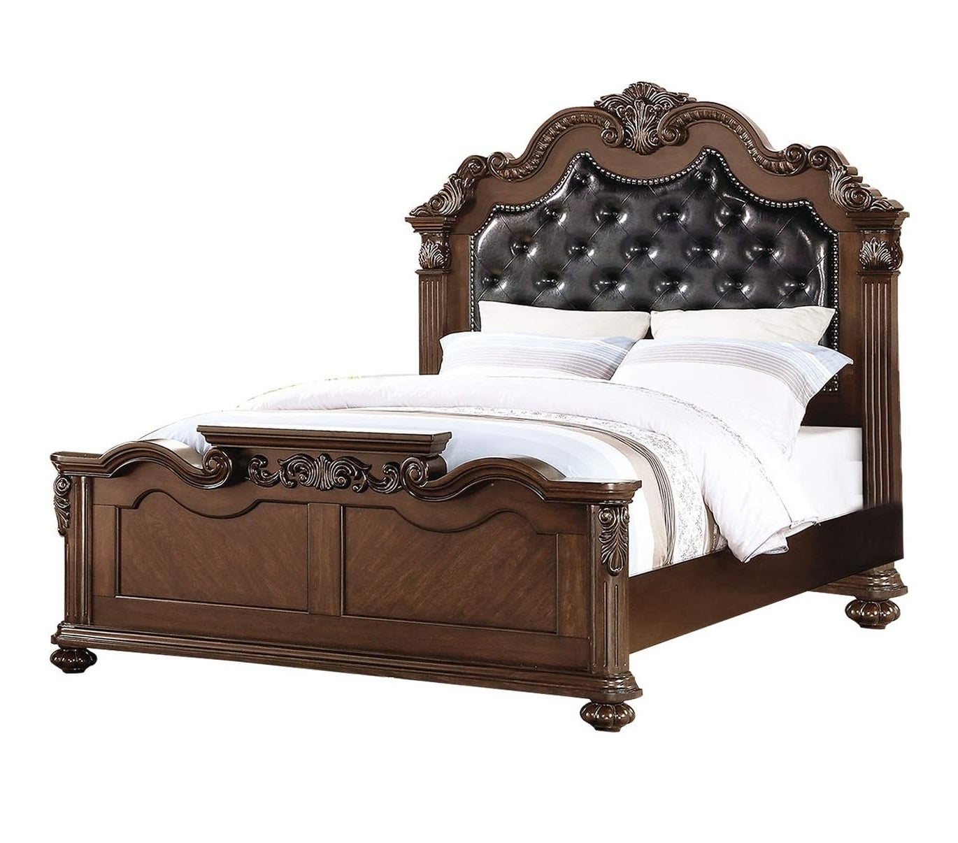 Ornate carved dark wood and tufted black faux leather upholstered king size bed frame