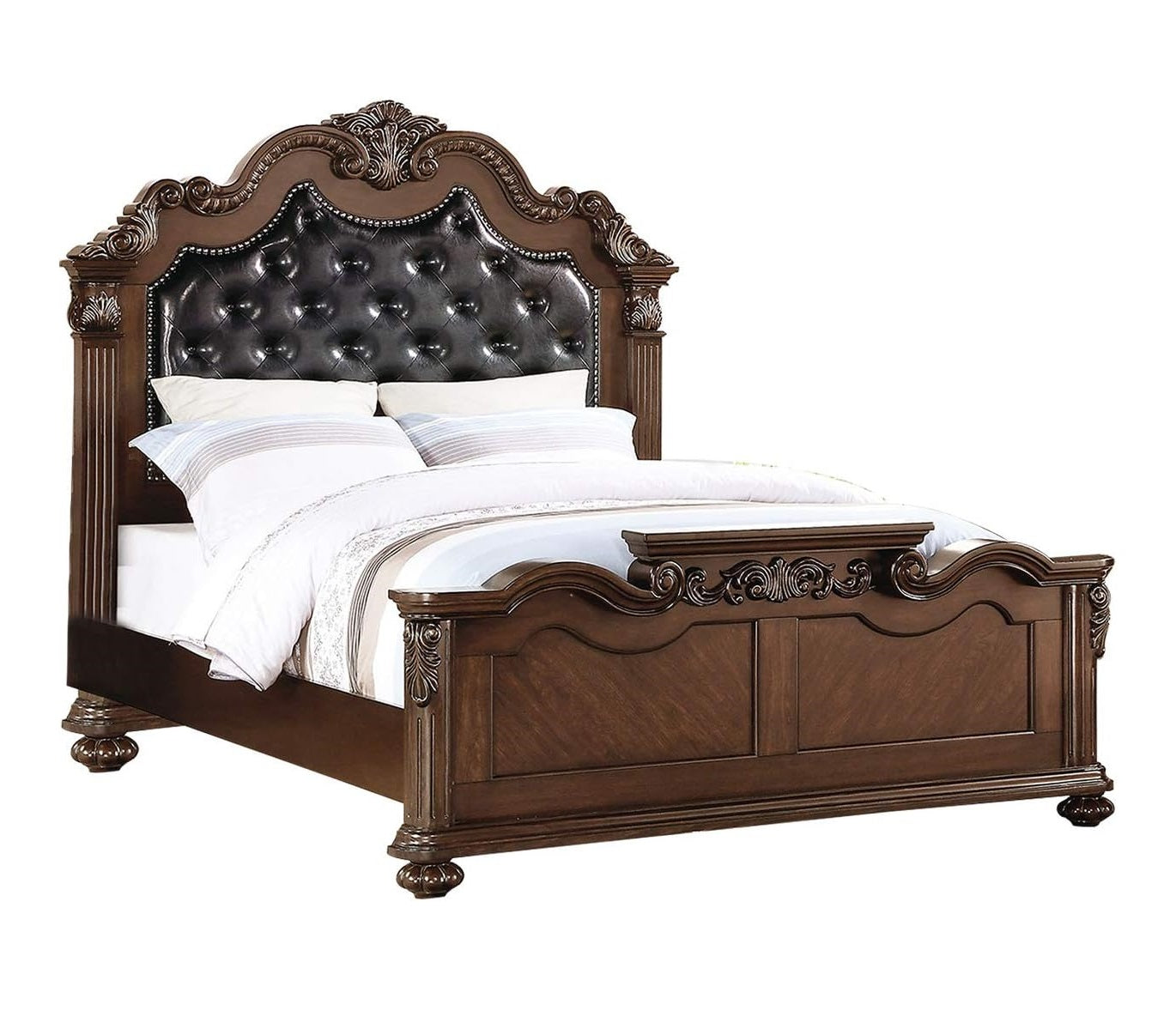 Dark brown wood carved bed with tufted black faux leather headboard and ornate details