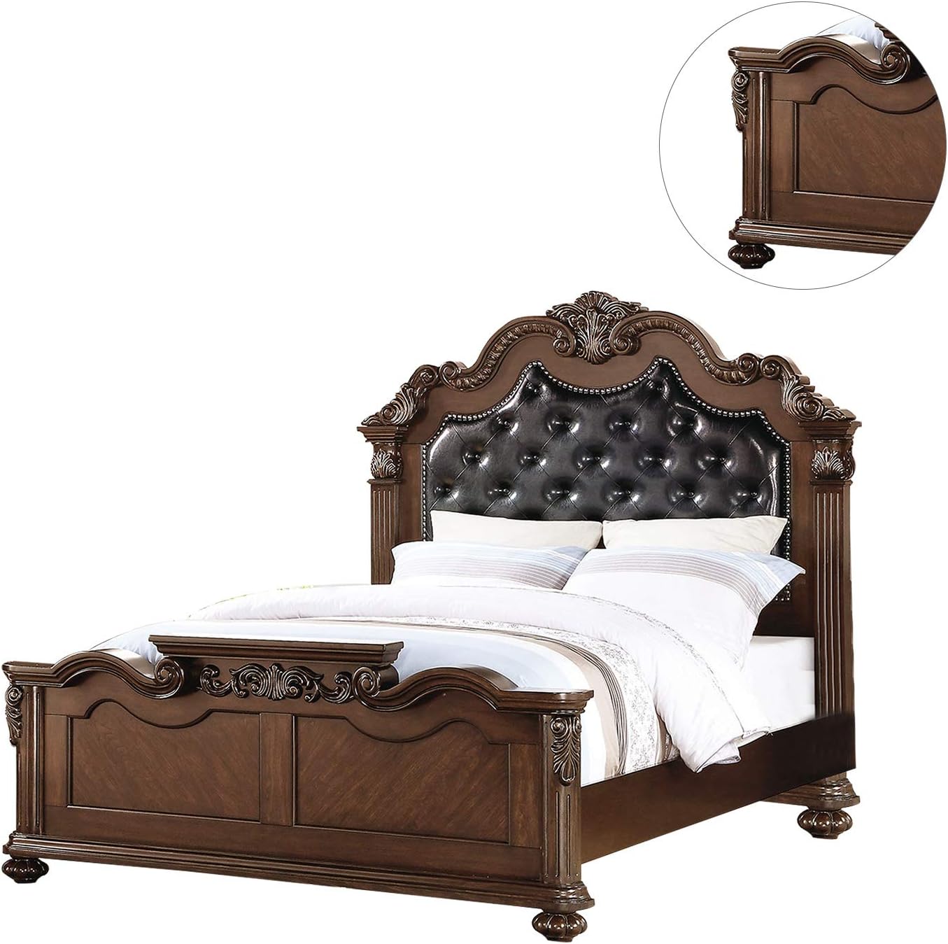 Ornate dark wood queen bed frame with tufted black leather headboard