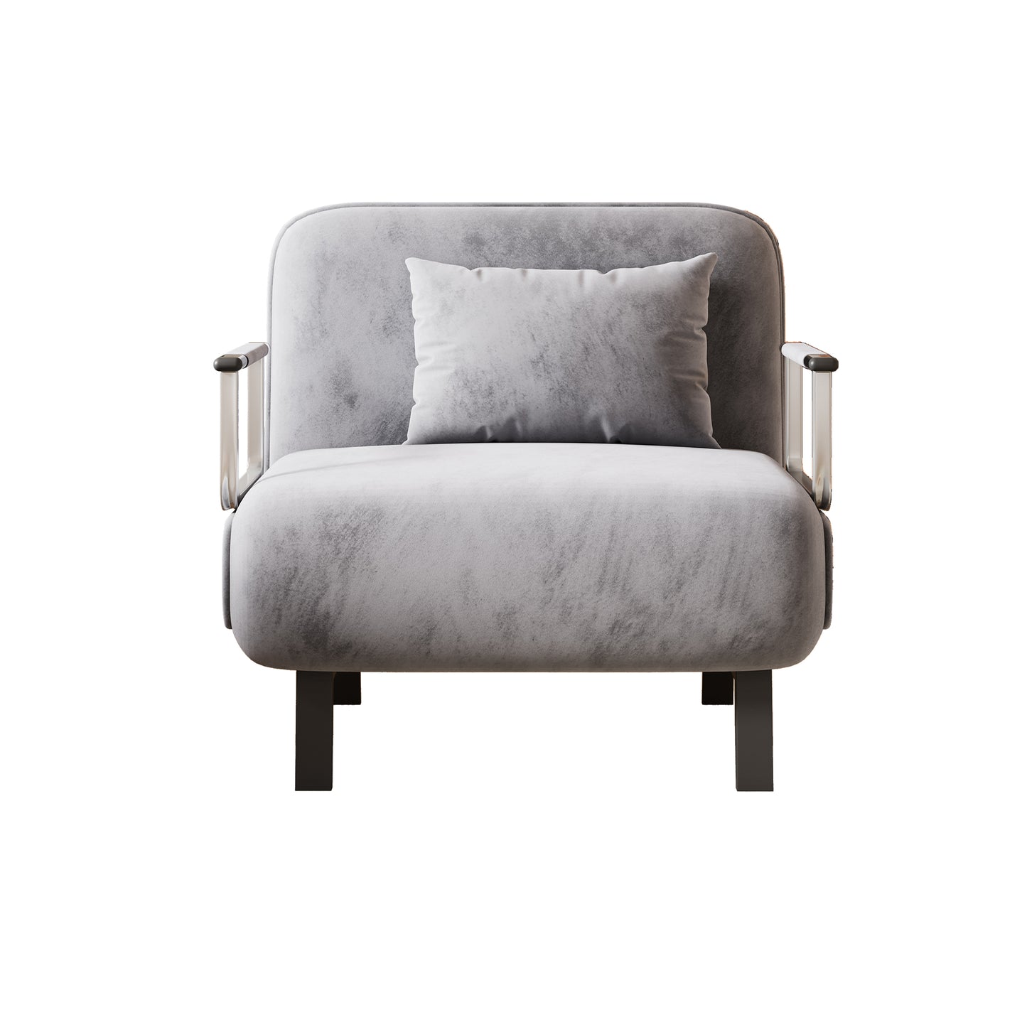 Plush gray accent chair with modern metal armrests and matching lumbar pillow