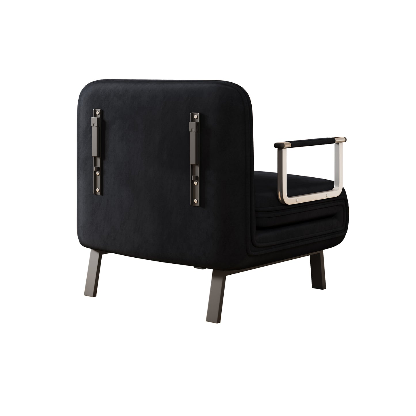 Back view of a black velvet armchair with metal accents and angled legs perfect for modern living rooms
