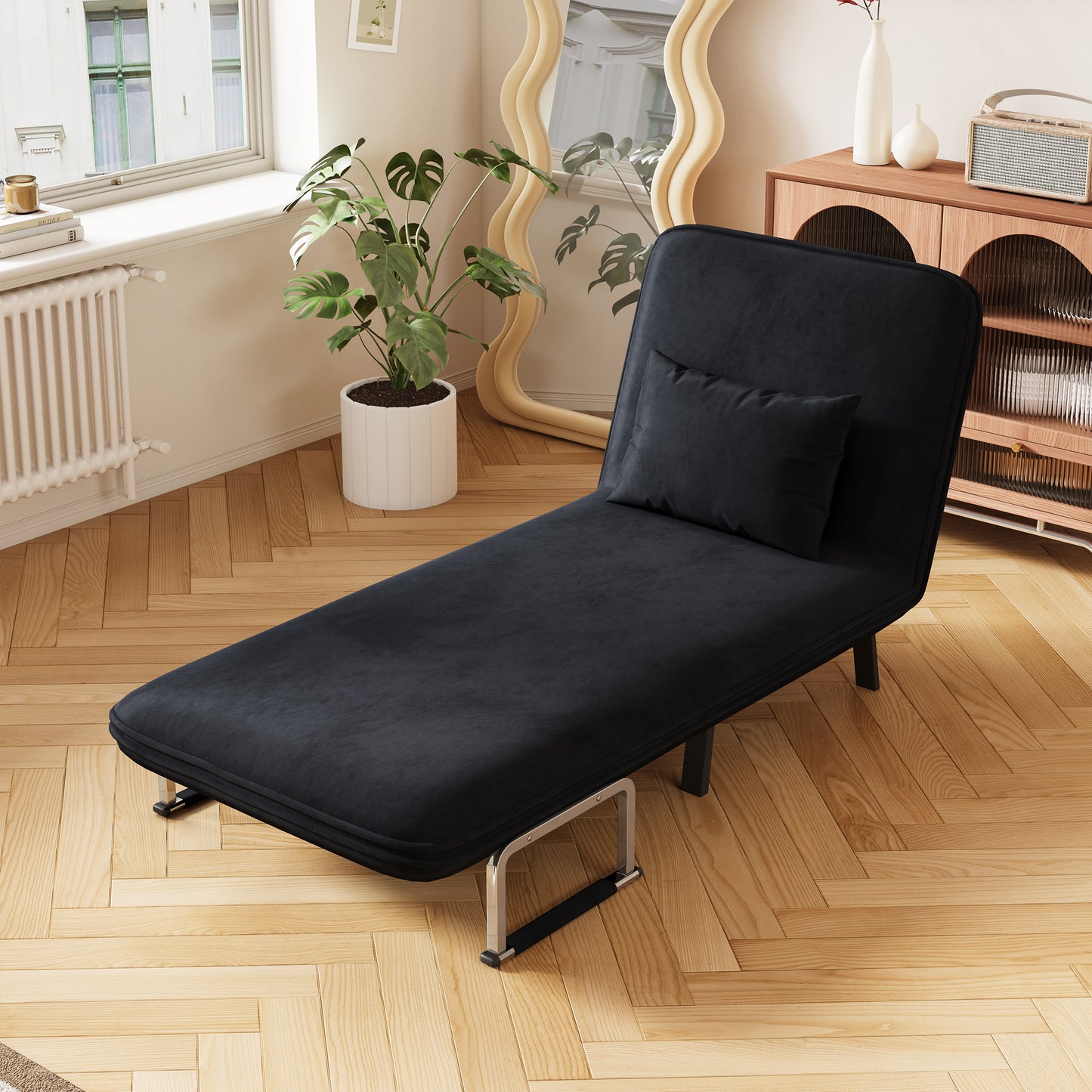 Black velvet convertible sofa chaise lounge with metal legs modern living room furniture