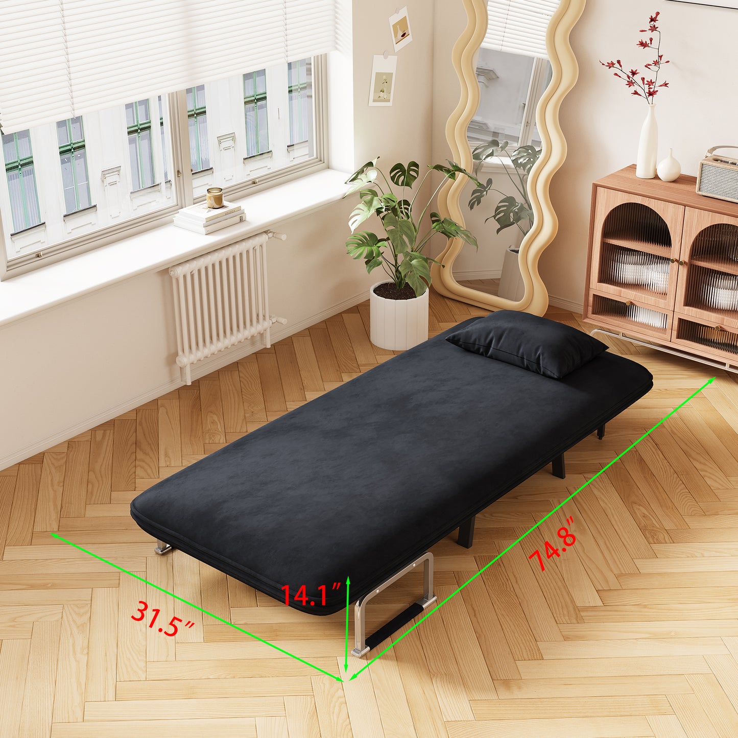 Black velvet sleeper sofa with pillow on wooden floor L x W