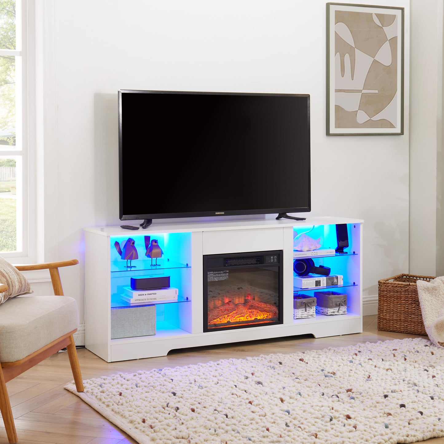 Modern white media console with electric fireplace and blue LED lighting