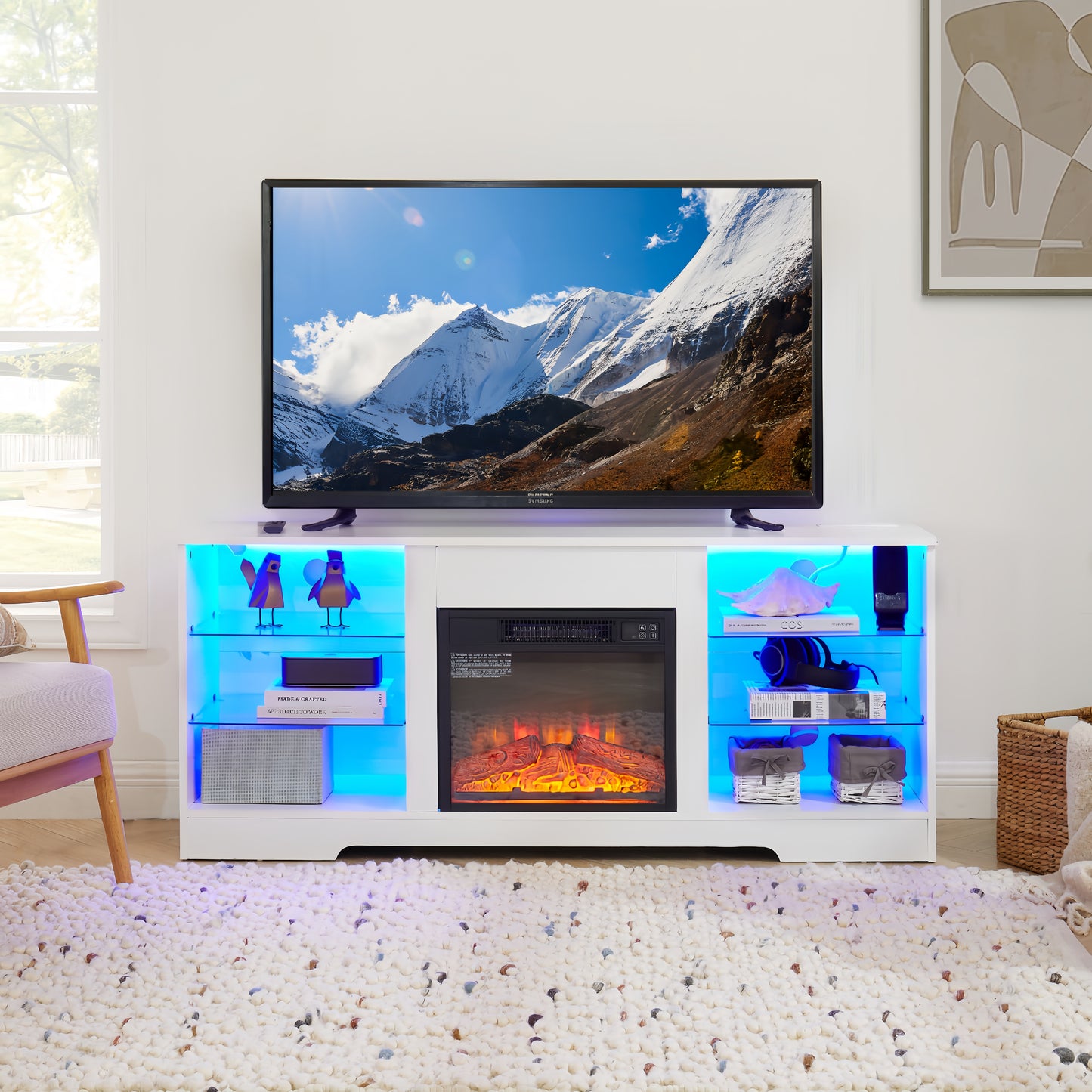 White LED entertainment center with builtin electric fireplace and glass shelving