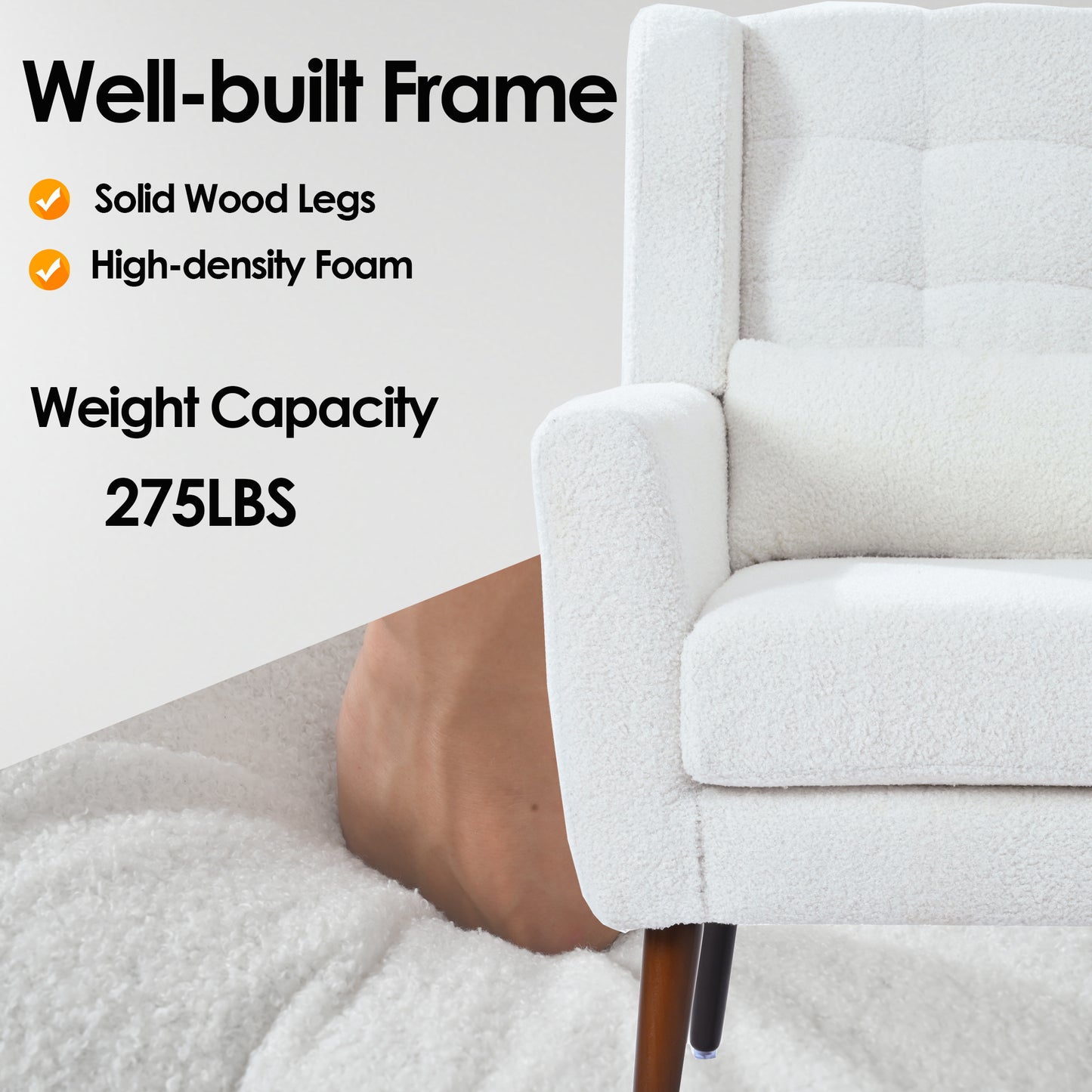 White boucle accent chair with solid wood legs and highdensity foam for comfort