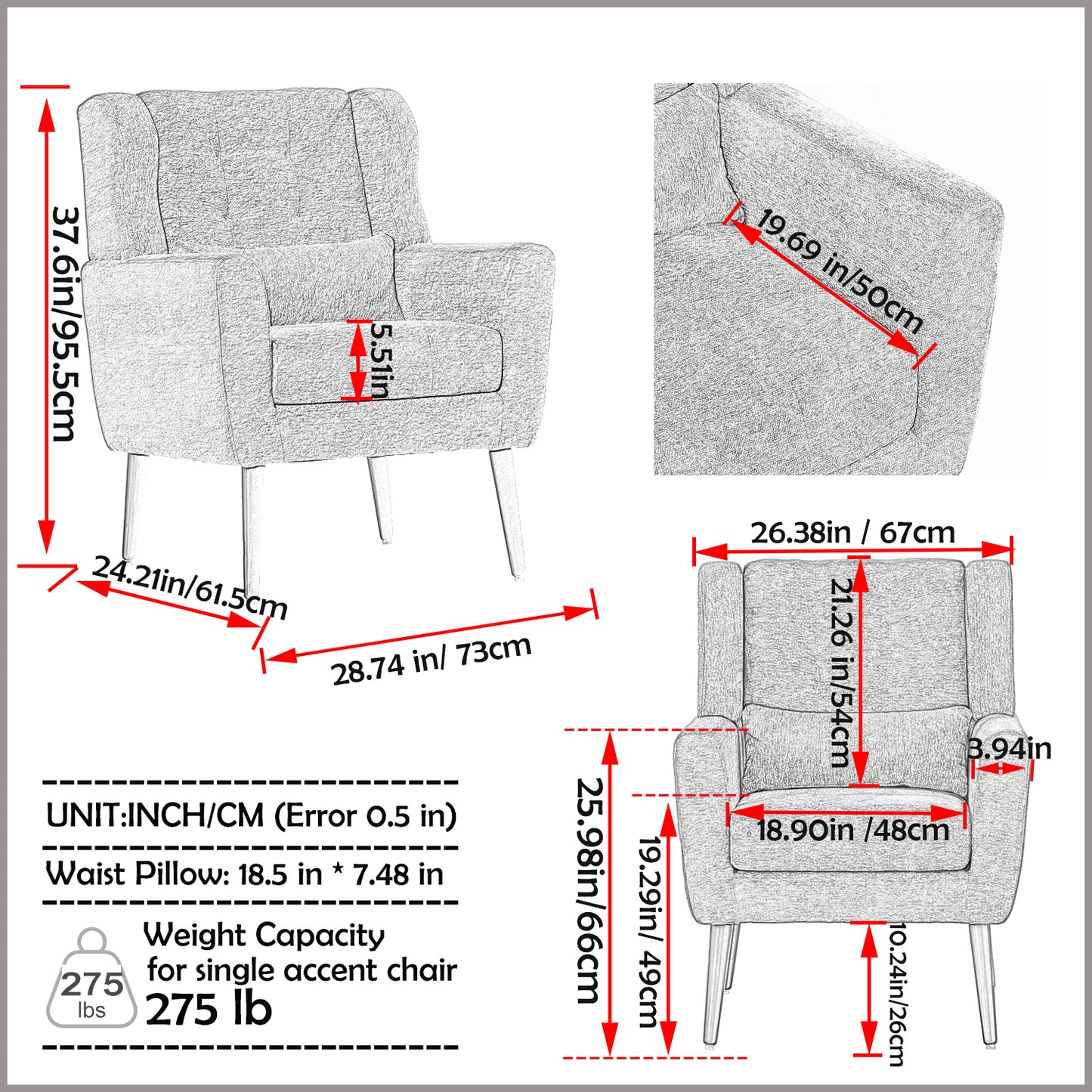 Textured grey accent chair with wooden legs measuring H x W