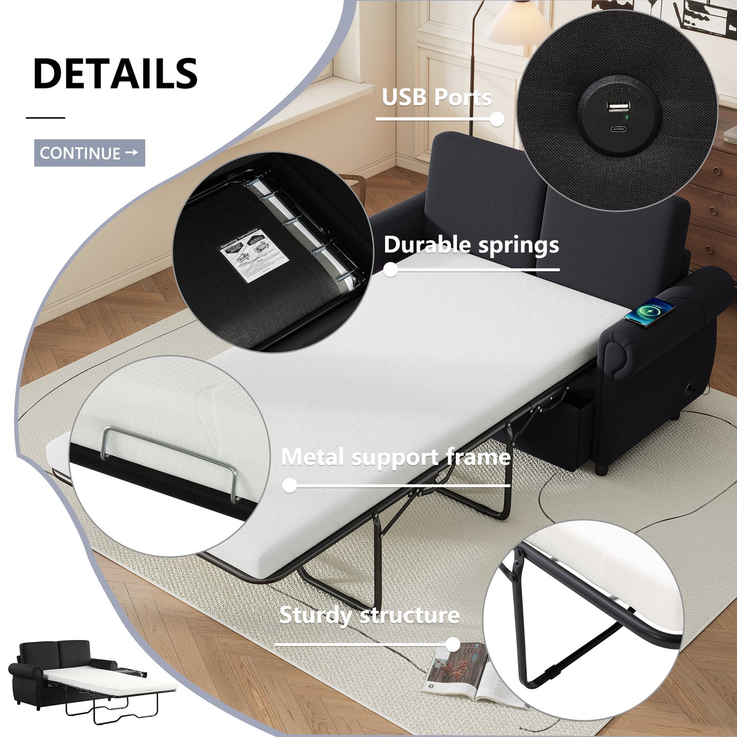 Black sofa bed featuring integrated USB ports for charging devices