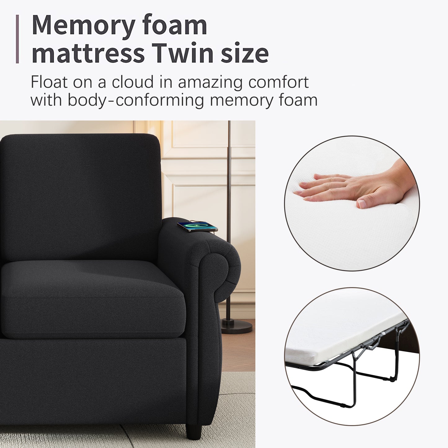 Dark grey fabric twin size memory foam mattress on a sofa bed frame offering comfort