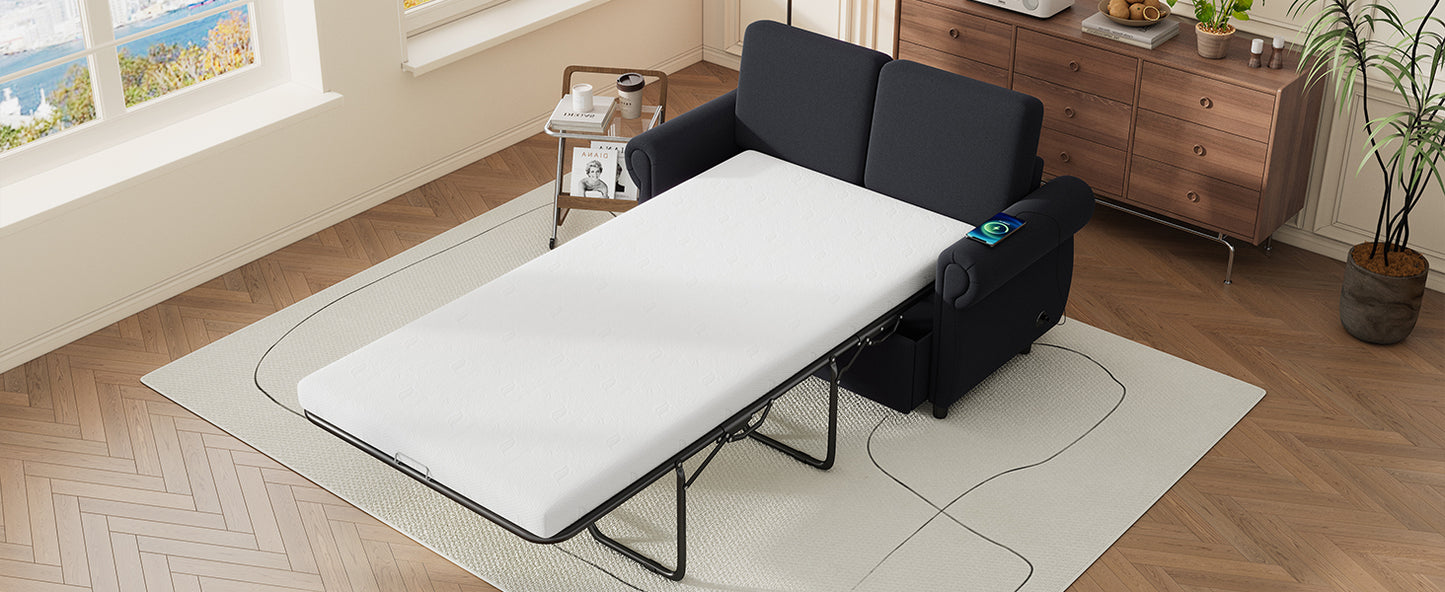 Dark navy sofa bed with extended white mattress and integrated wireless charging on armrest