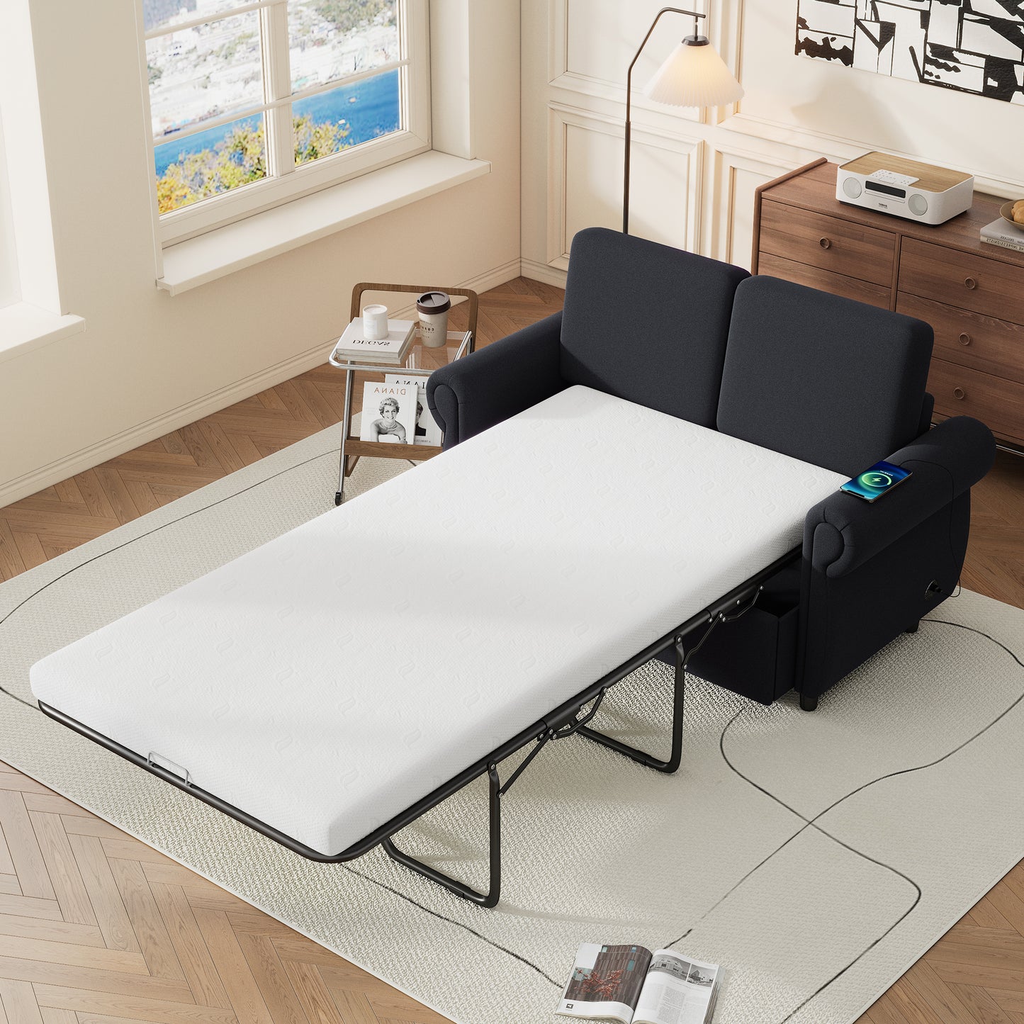 Dark grey fabric sofa bed unfolded with white mattress integrated wireless charger