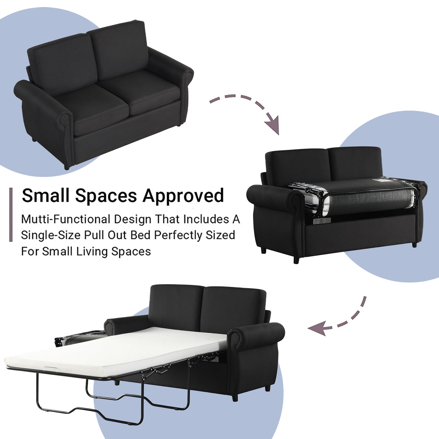 Black sofa bed in a living room setting featuring a pullout mattress