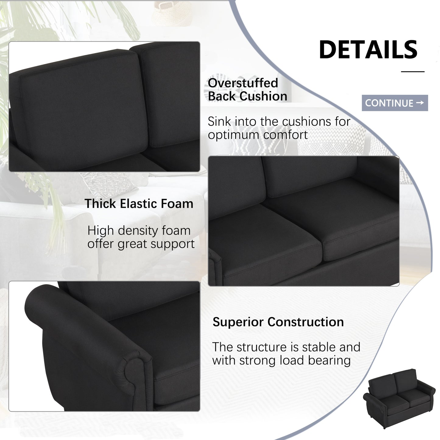 Closeup of a black fabric sofas overstuffed back cushion for optimum comfort
