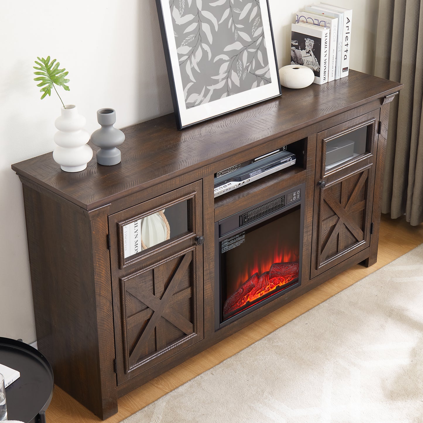 Rustic dark wood media console with electric fireplace and storage cabinets
