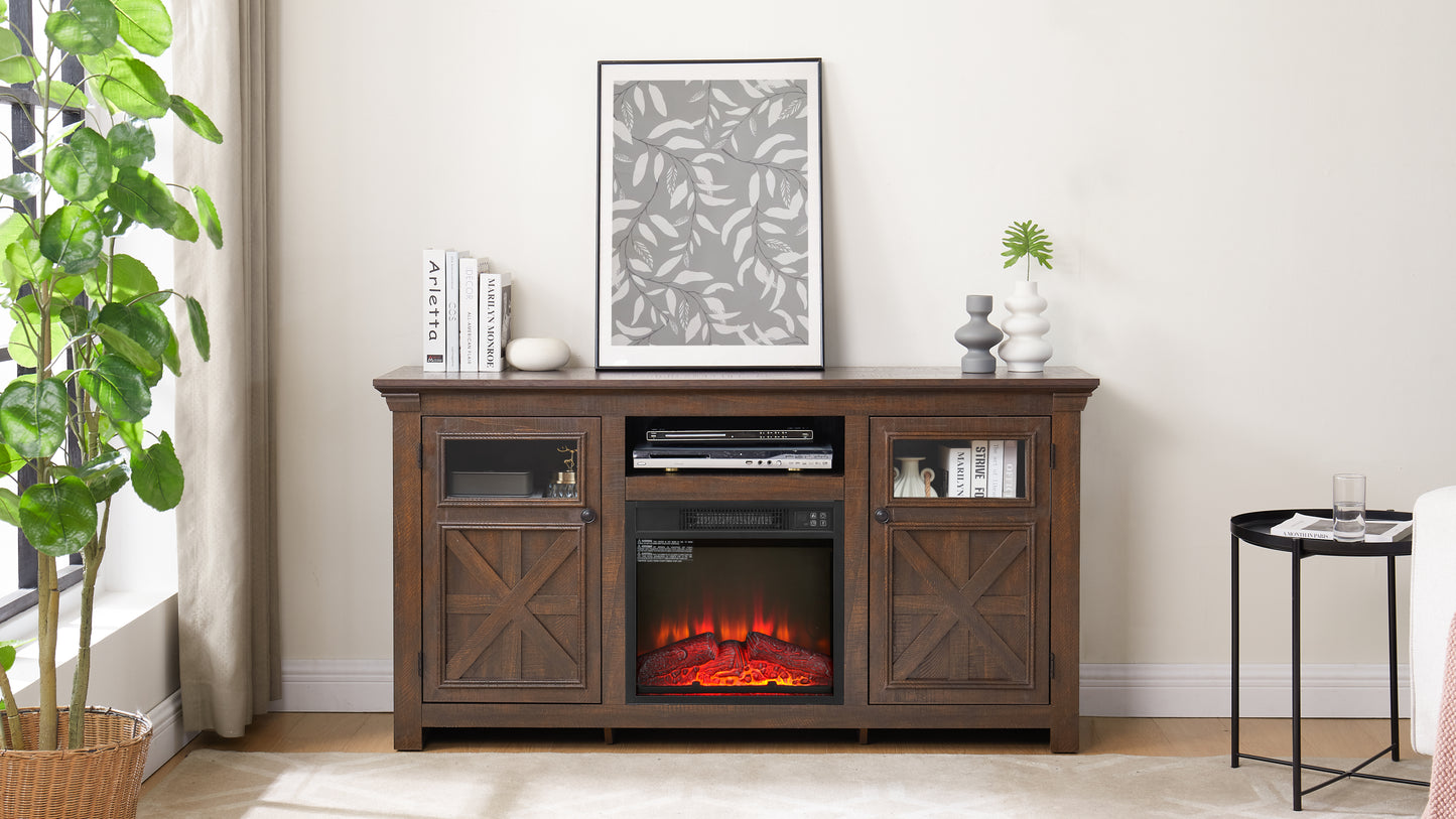 Dark oak media console with builtin electric fireplace and glasspaneled doors inches wide