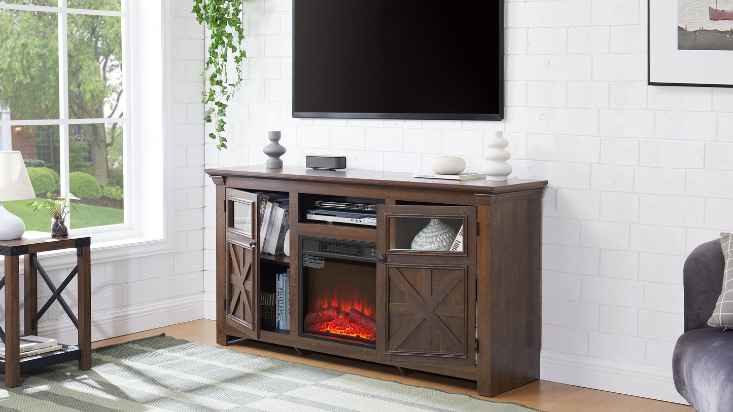 Rustic brown wood TV stand with electric fireplace and glasspaneled doors