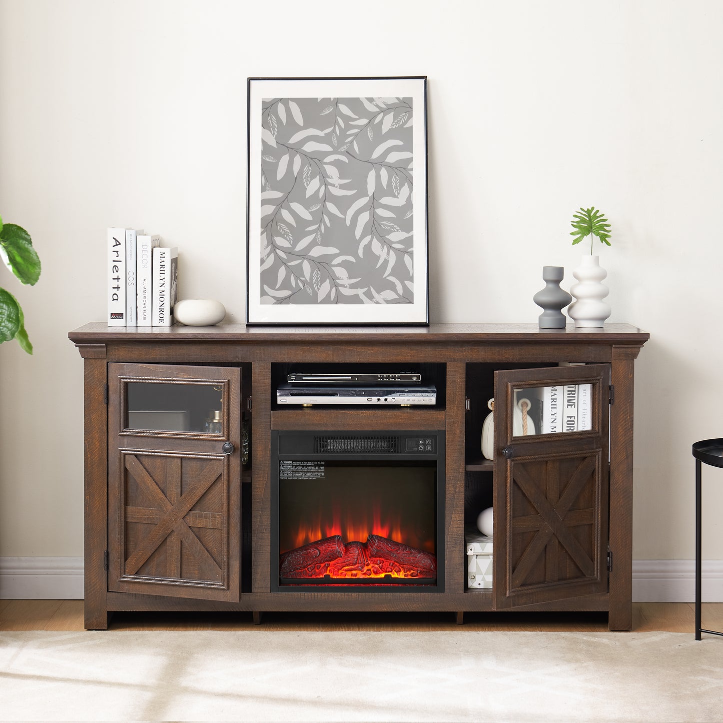 Dark wood media console with electric fireplace and glass doors