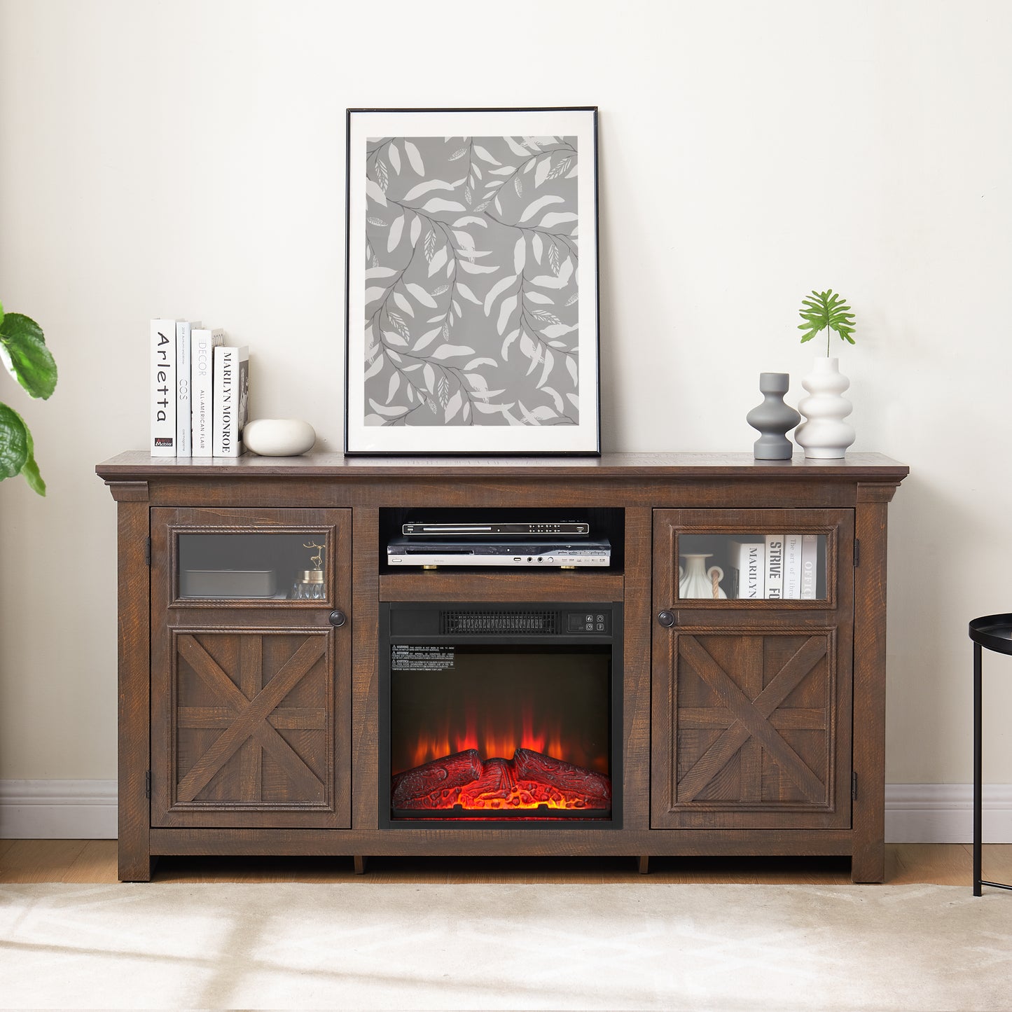Rustic dark wood TV stand with electric fireplace featuring glass doors and Xpaneled cabinet fronts