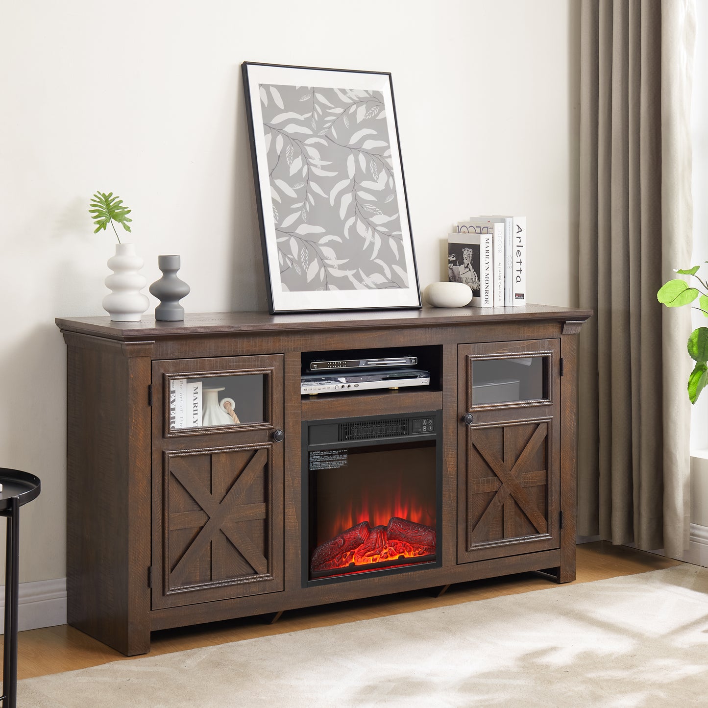 Dark wood media console with faux fireplace glass doors and Xdetail