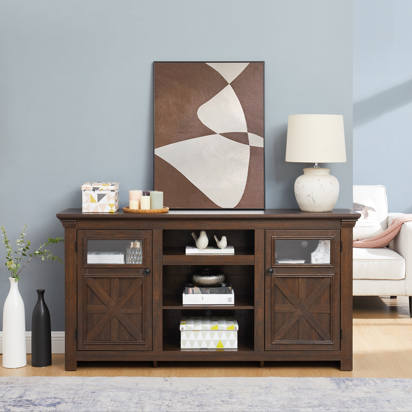 Rustic dark wood TV stand with Xpanel doors and glass cabinets