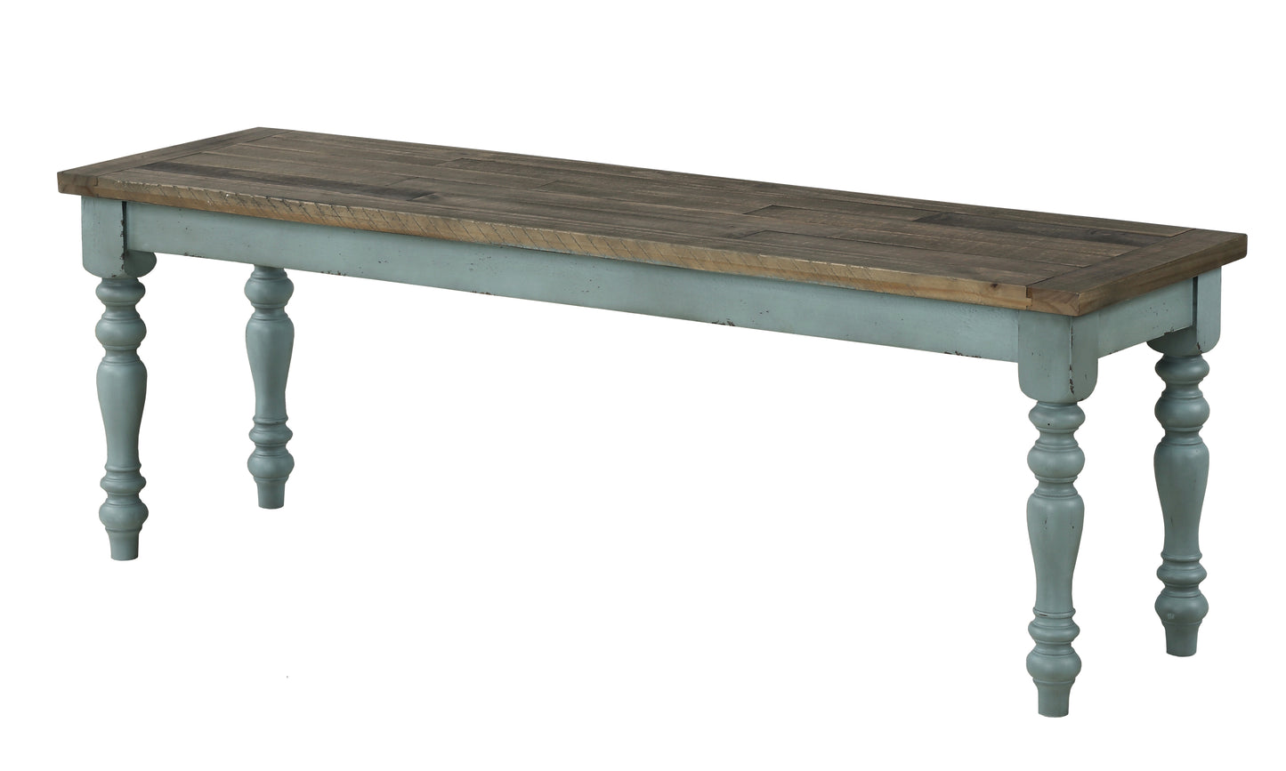 Vintage bench with distressed blue base and wood plank top