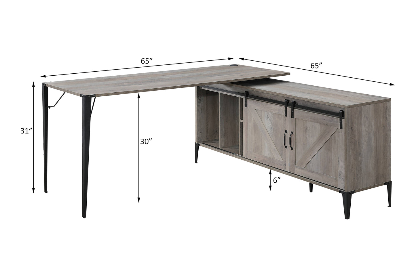 Rustic grey wood Lshaped desk with black metal legs and sliding barn doors