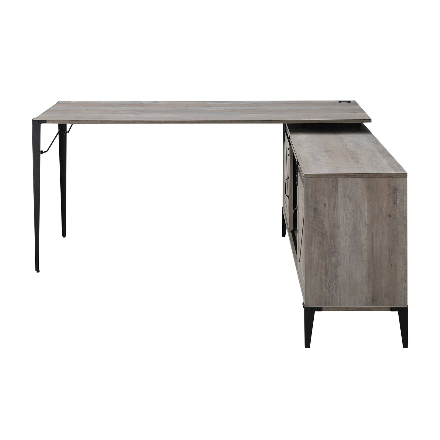 Rustic wood Lshaped desk with black metal legs and storage cabinet