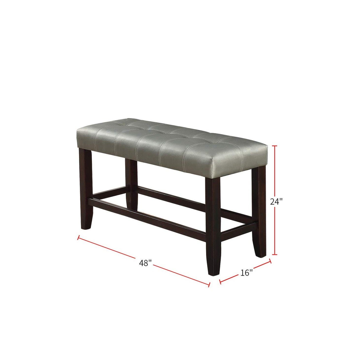 Tufted silver faux leather dining bench with dark wood legs