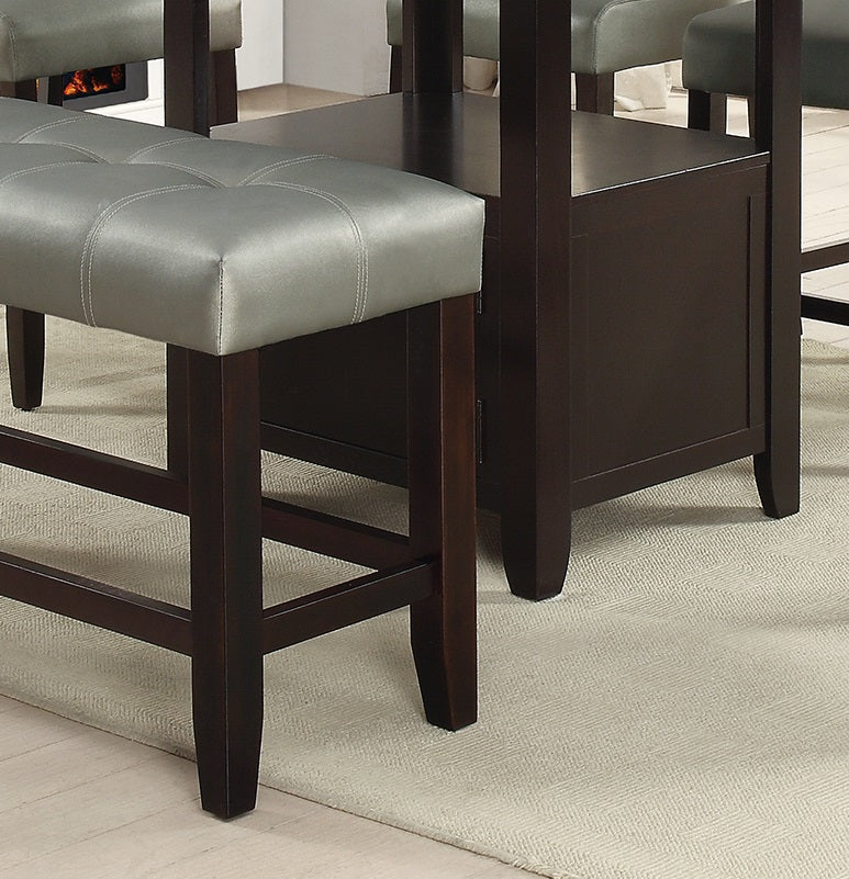 Tufted grey faux leather bar stool seat with dark wood frame