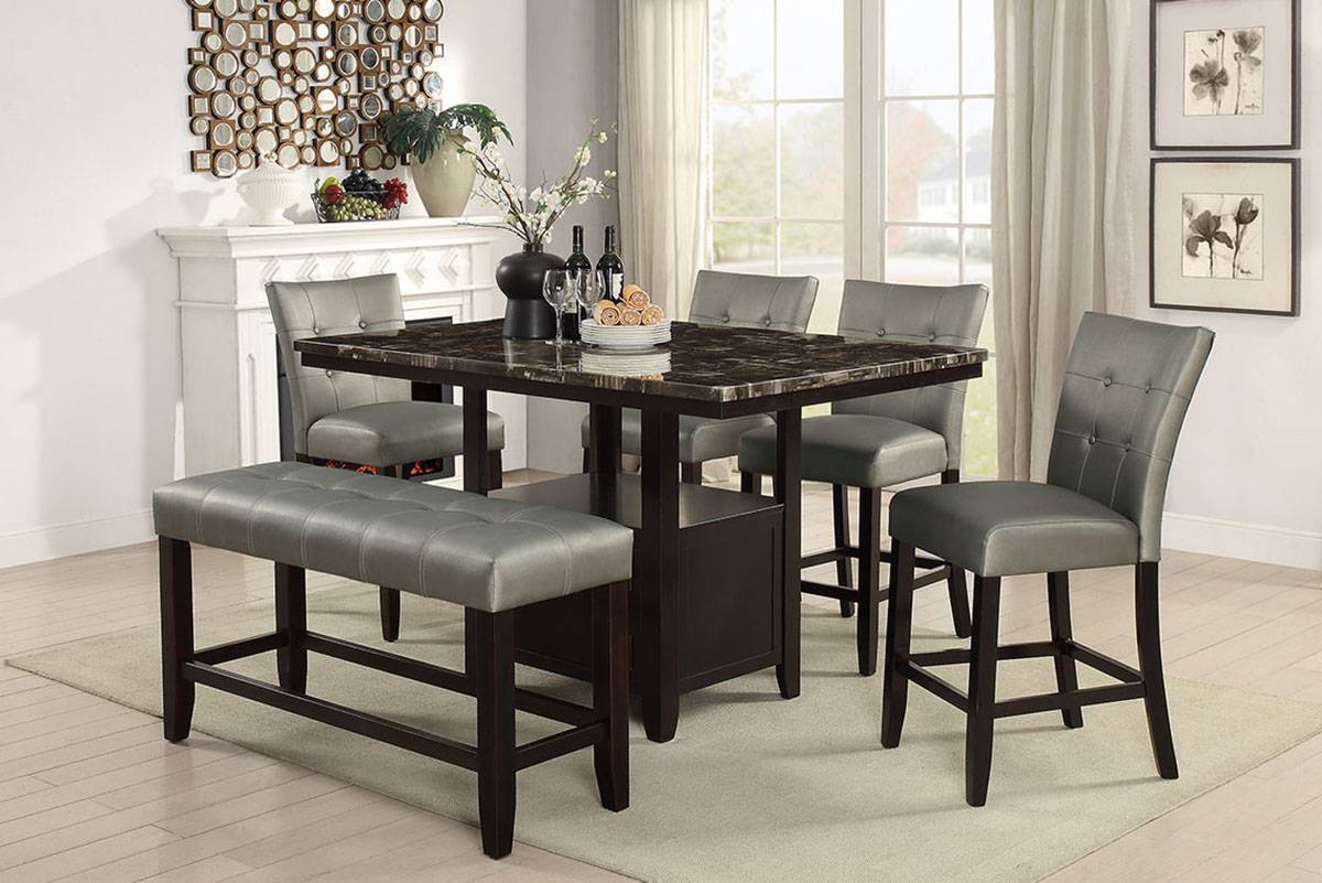 Modern faux marble pub table with grey tufted bar stools and bench
