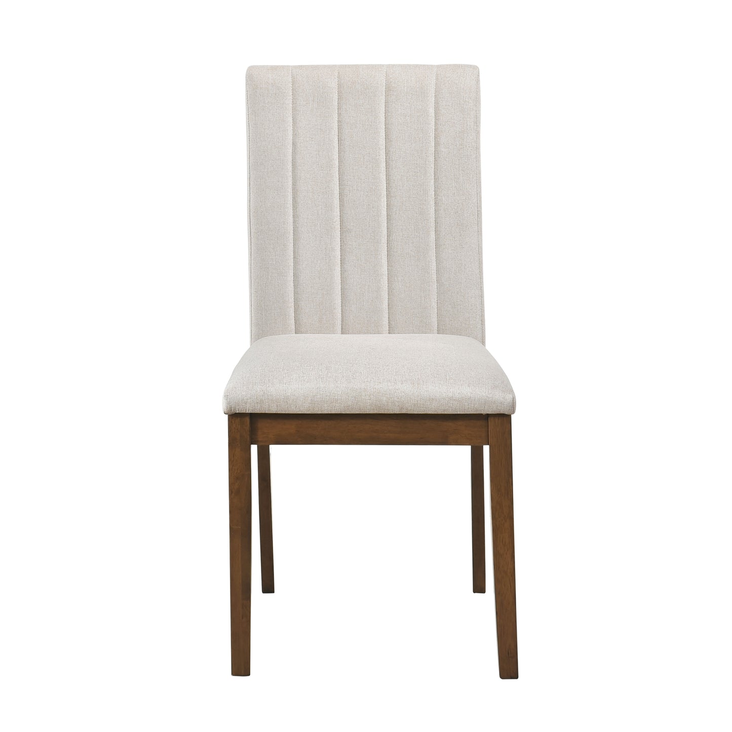 Upholstered dining chair with vertical channel tufting in beige fabric and dark wood legs
