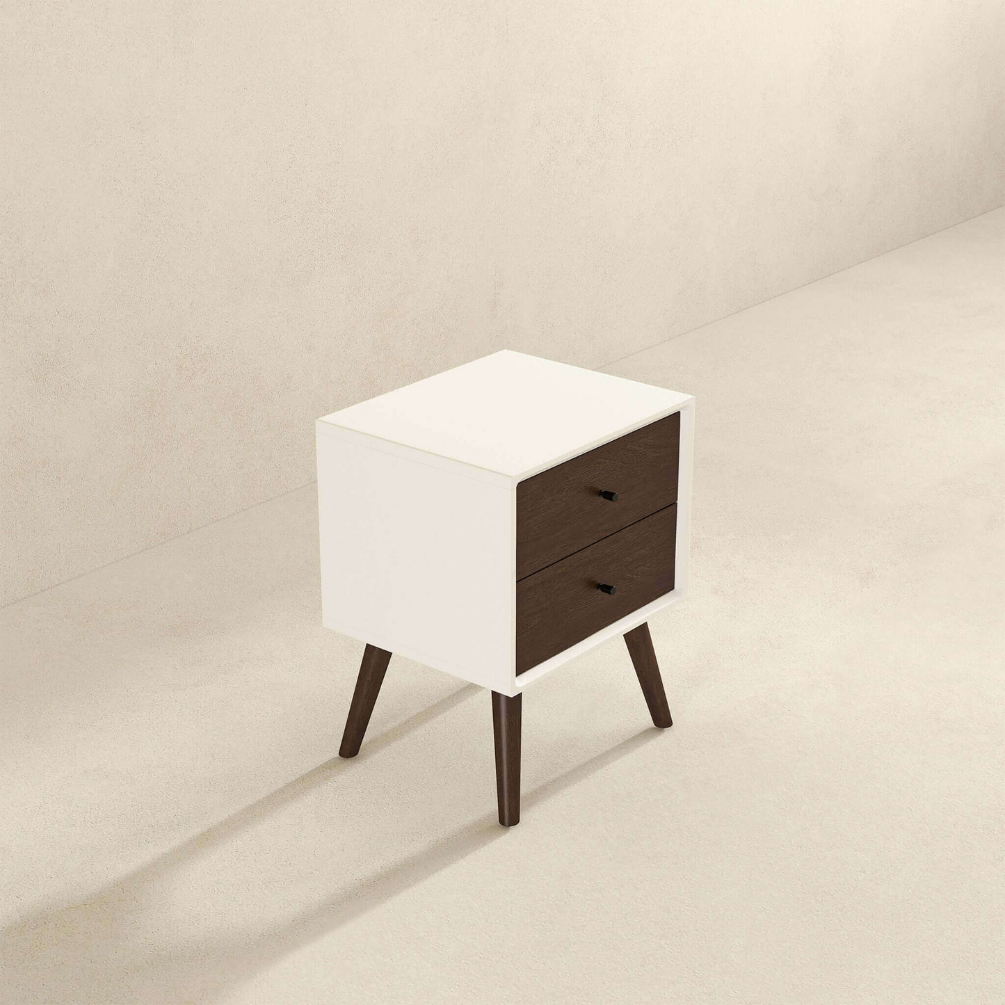 White midcentury modern nightstand with two dark wood drawers and tapered legs for bedroom storage