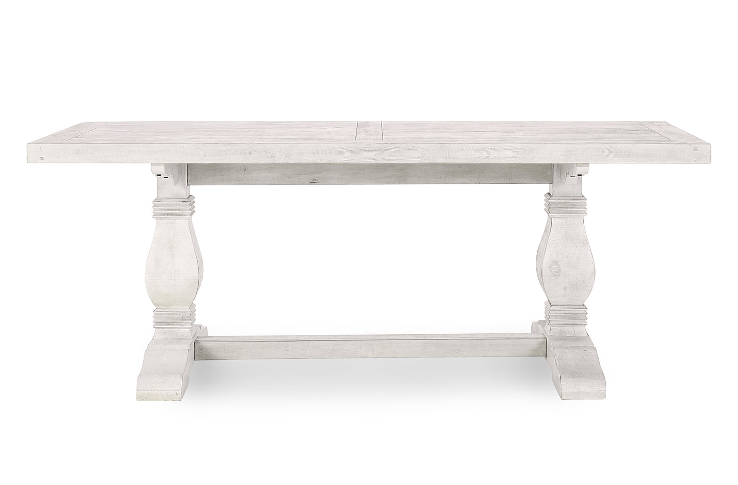 Distressed white farmhouse dining table with pedestal legs and subtle wood grain detail