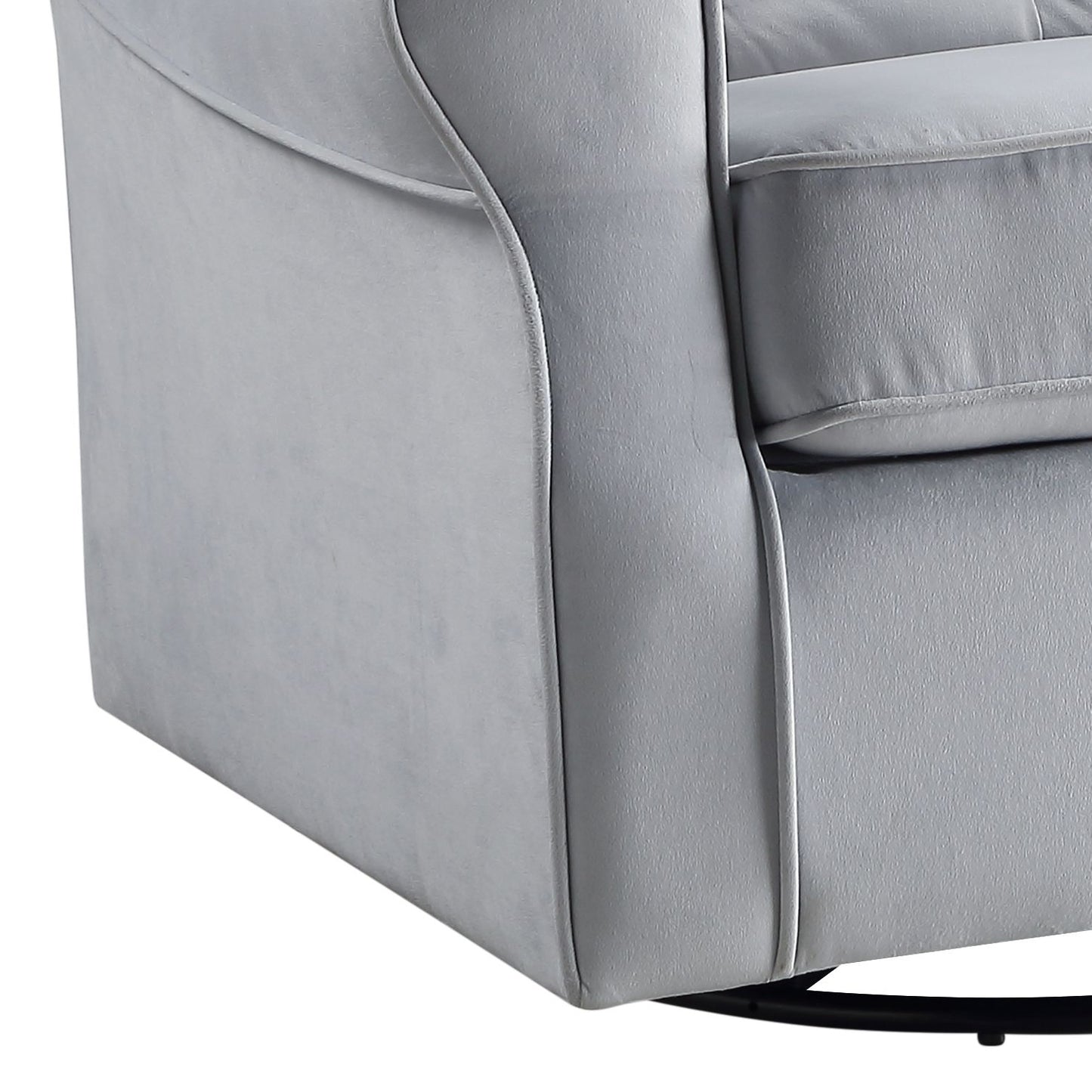 Closeup of a grey velvet swivel chair armrest with piping detail