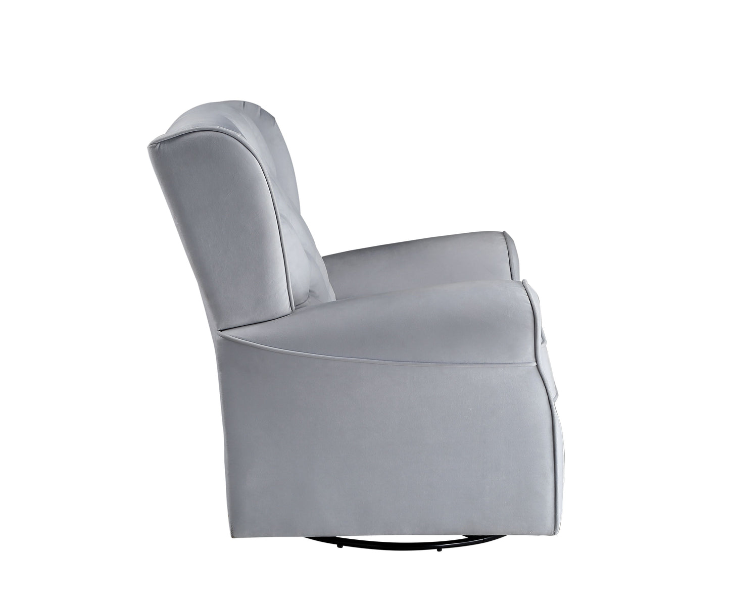 Gray upholstered swivel recliner chair with tufted back detail