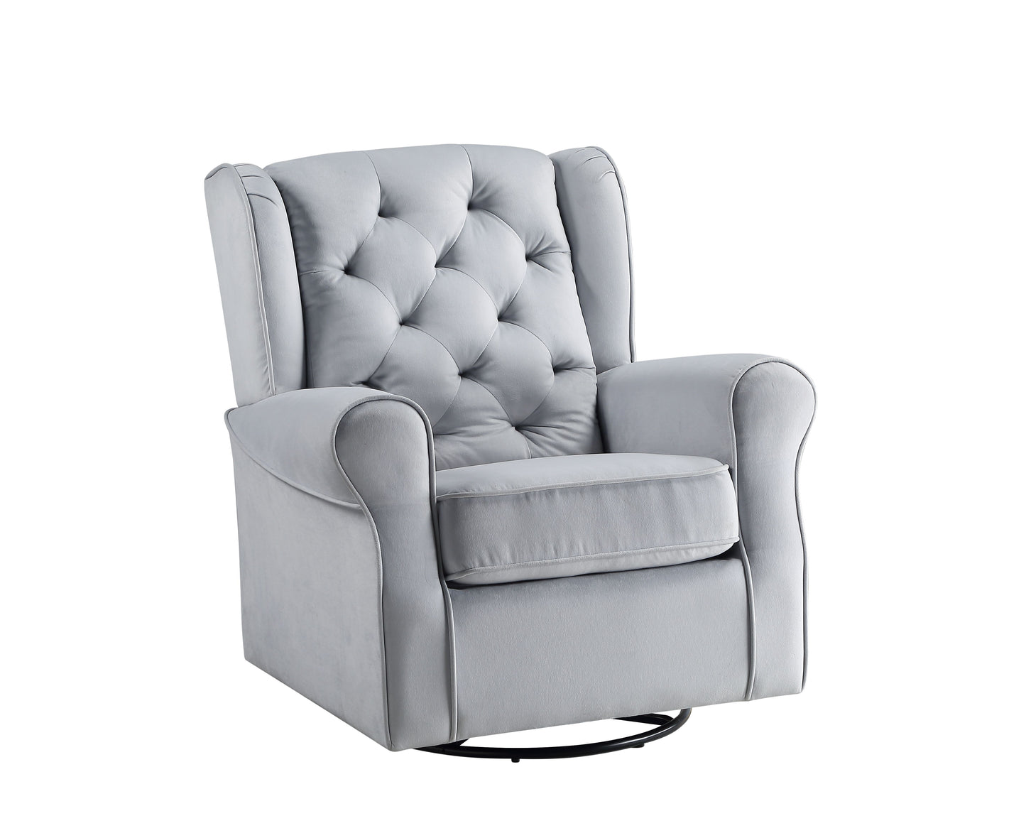 Plush gray velvet recliner chair with button tufting and padded arms perfect for nurseries