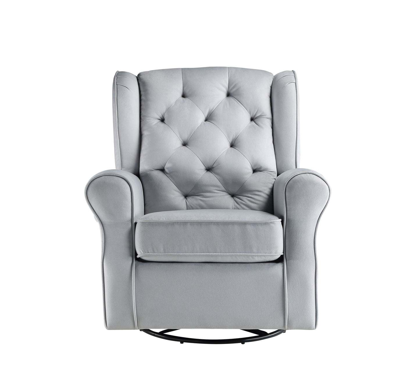 Tufted gray fabric recliner chair with padded armrests and a swivel base