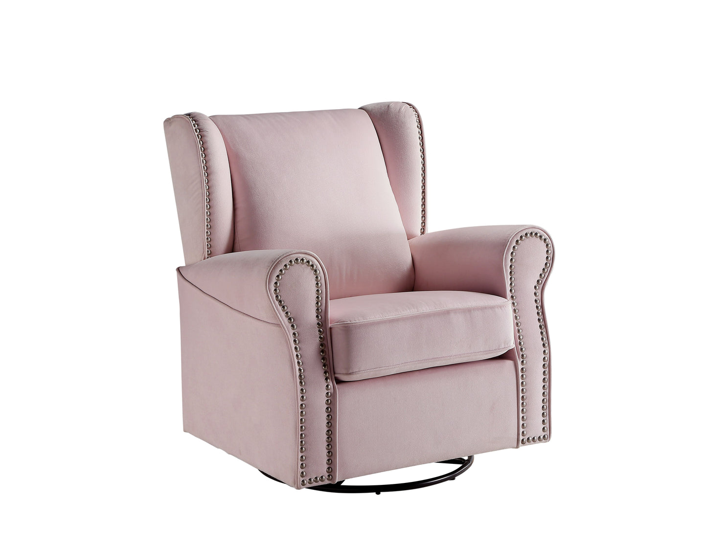 Elegant pink velvet wingback chair with silver nailhead trim and swivel base