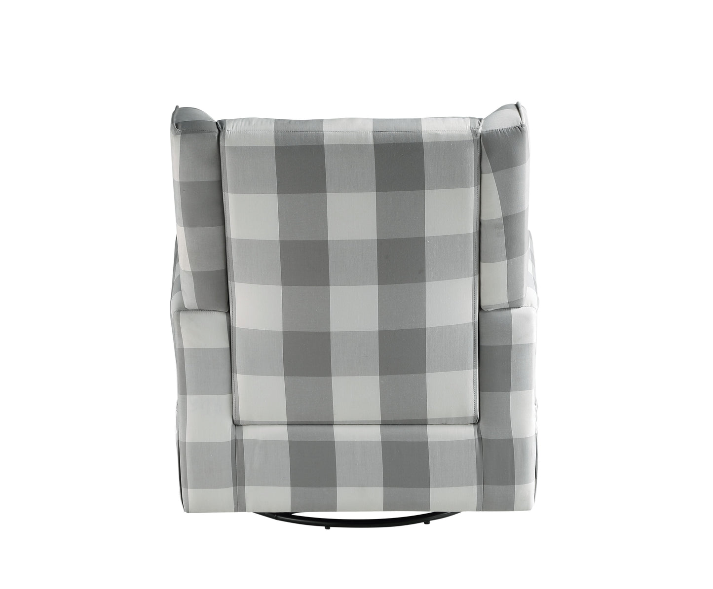 Gray buffalo check upholstered swivel chair with tufted back detail