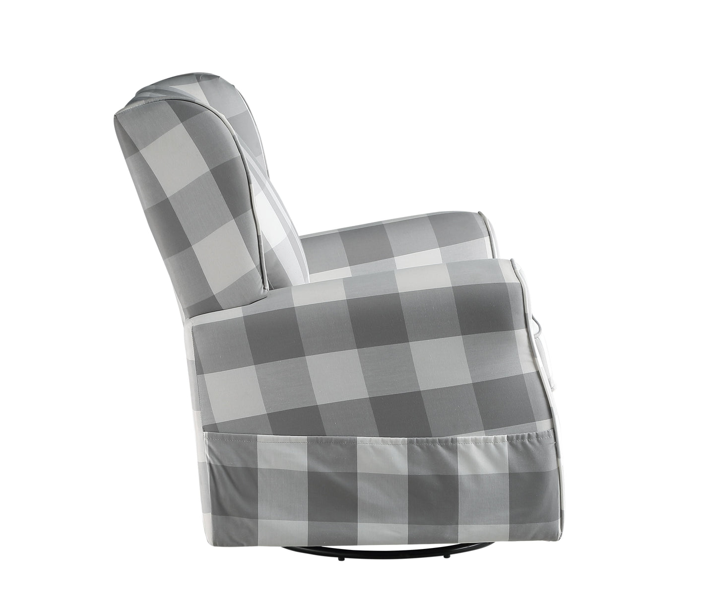 Grey buffalo plaid upholstered glider chair with side pocket