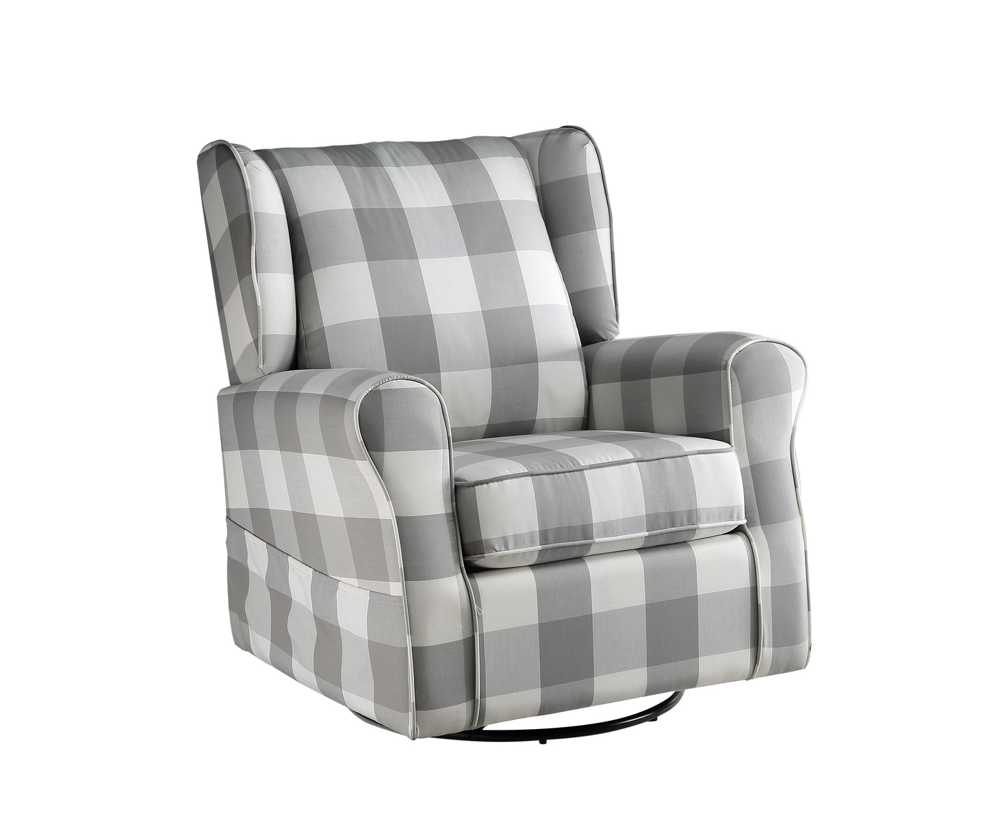 Gray and white buffalo plaid recliner with padded arms and headrest