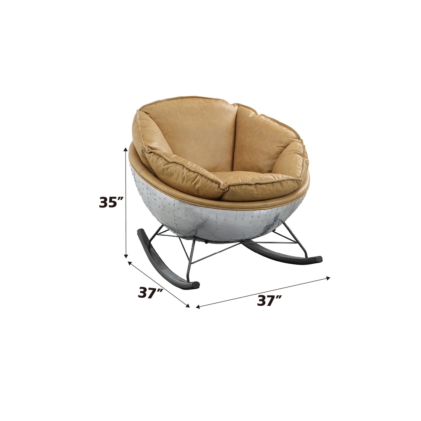 Tan leather aviator rocking chair with polished metal exterior and rivet details