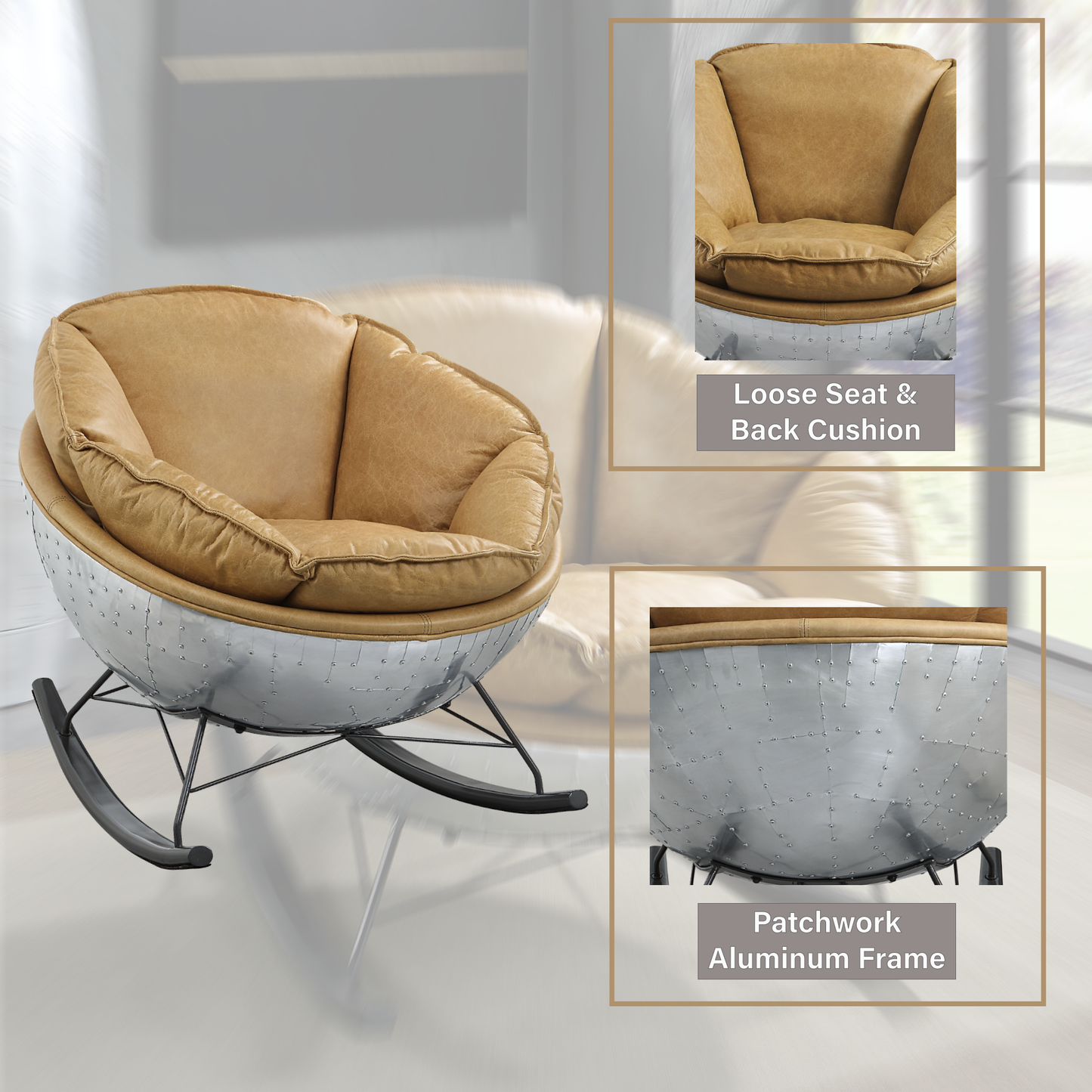 Tan leather armchair with a patchwork aluminum frame and rocking base
