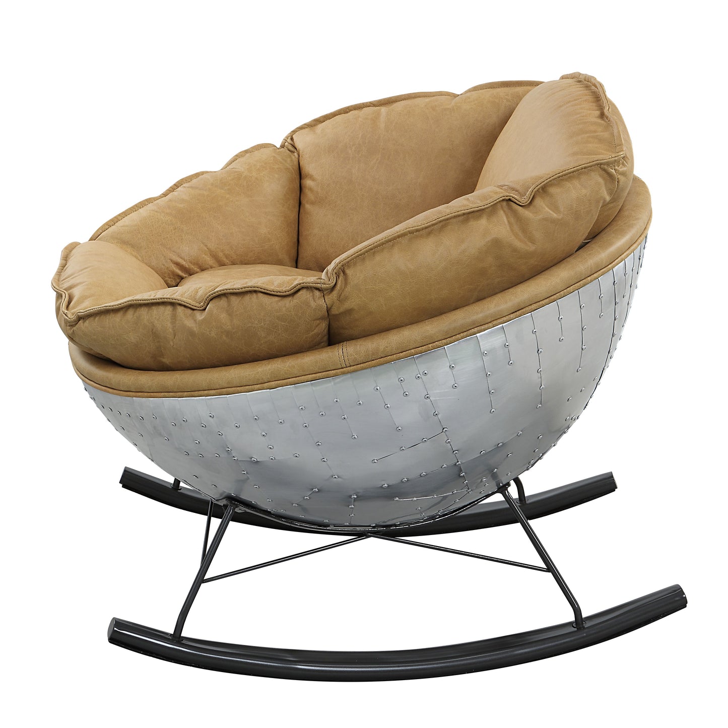 Tan leather rocking chair with riveted aluminum shell and black base