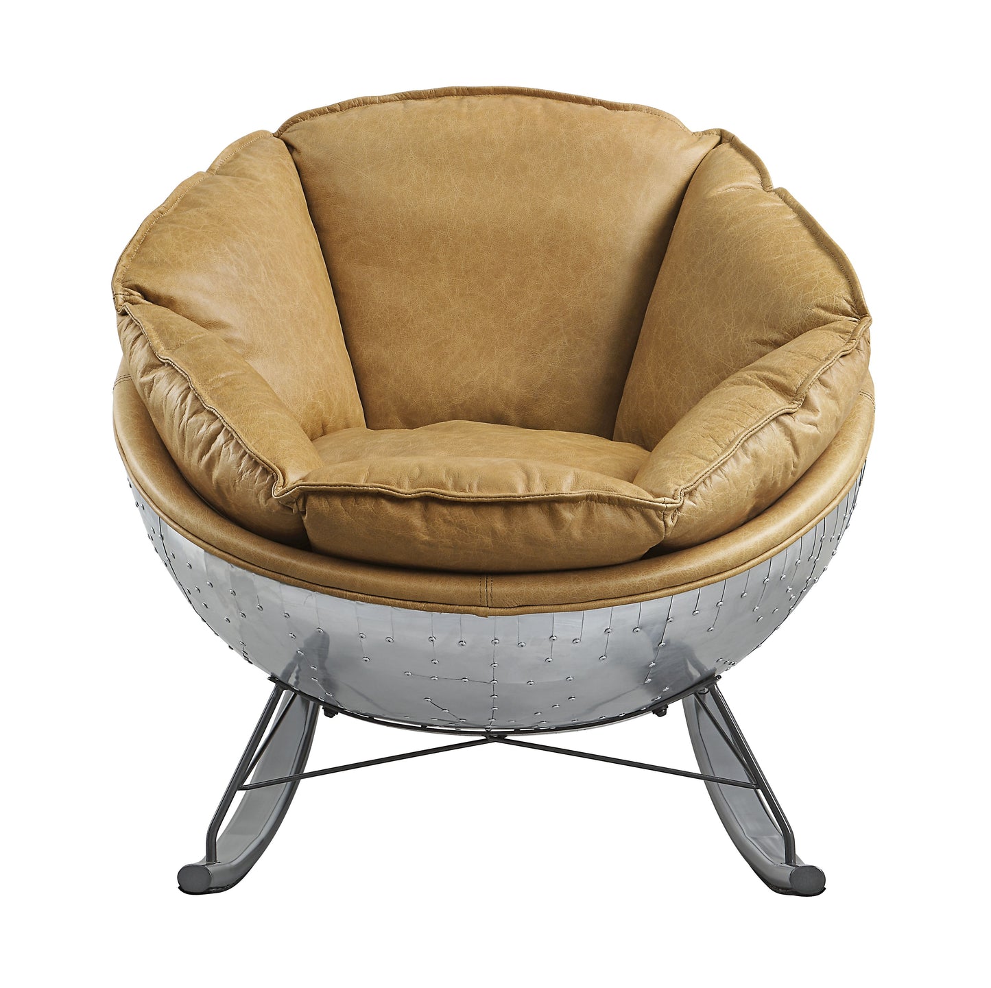 Tan leather accent chair with riveted metal base and dark metal legs