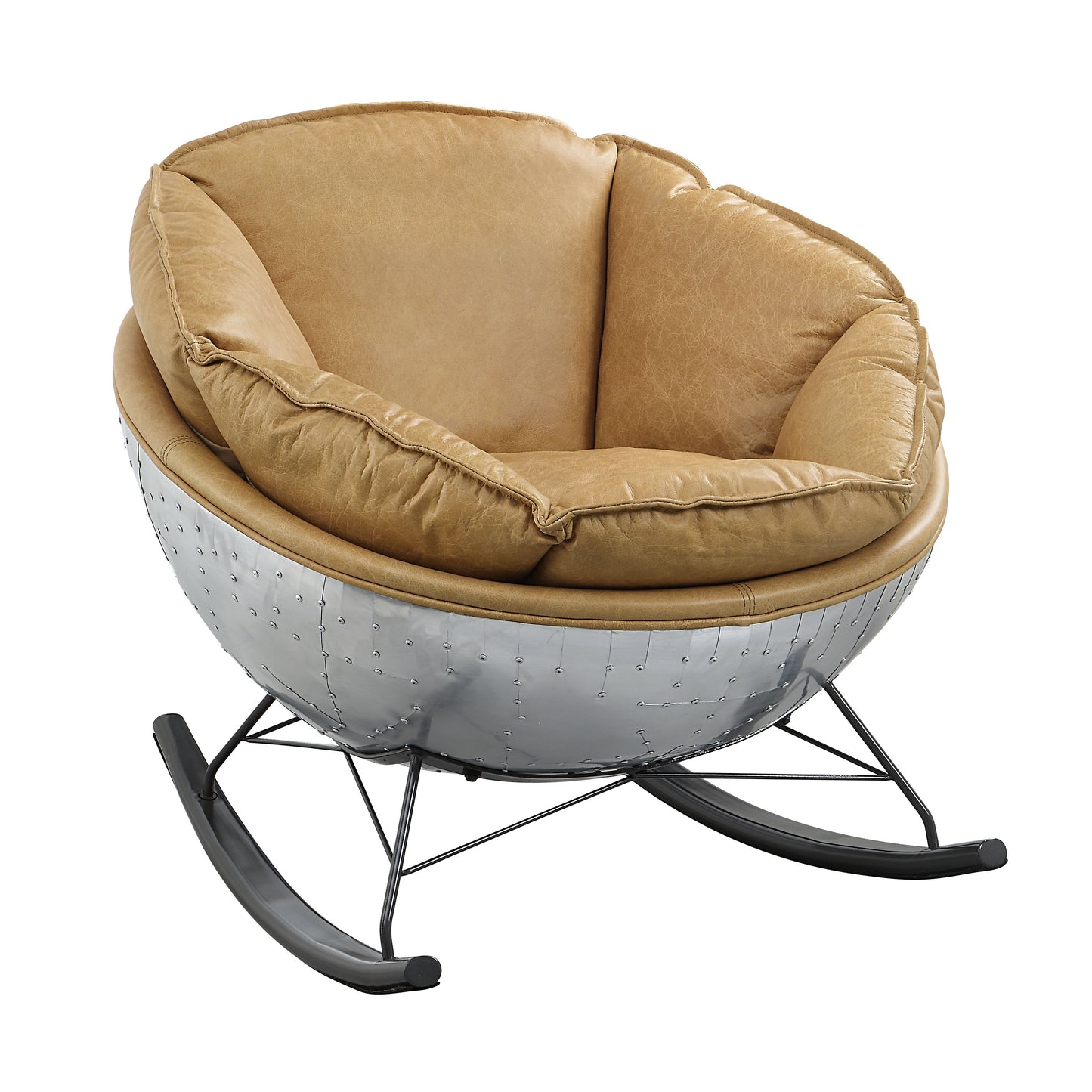 Tan leather aviator rocking chair with riveted aluminum base and black metal legs