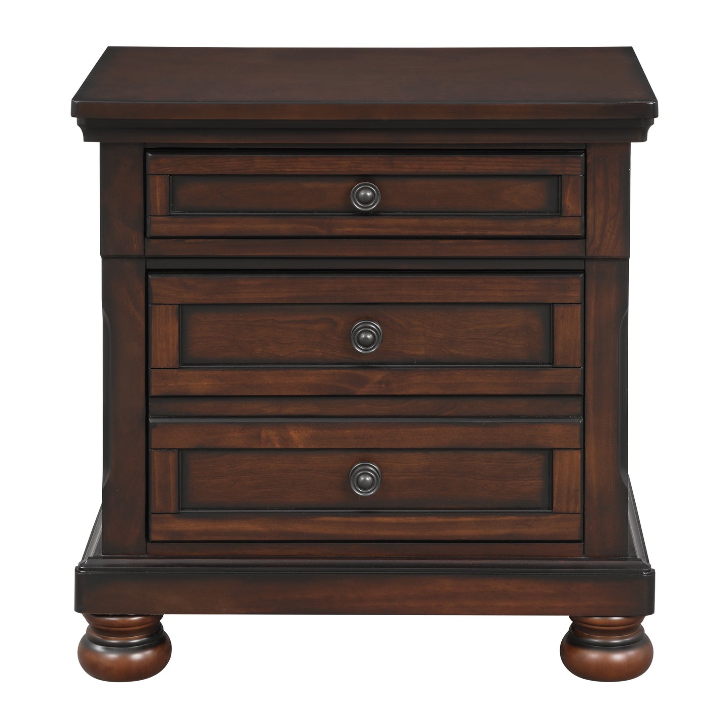 Dark cherry wood nightstand with three drawers and decorative knob hardware
