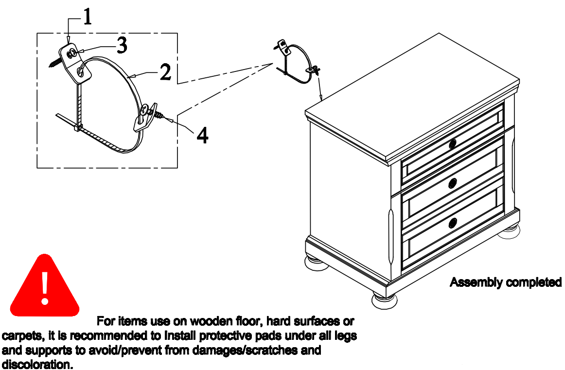 Closeup diagram of furniture antitip kit components including bracket and strap